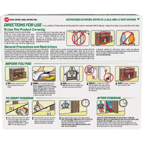 Instruction label for indoor insect fogger with safety precautions and step-by-step usage guide under $50 pest control product