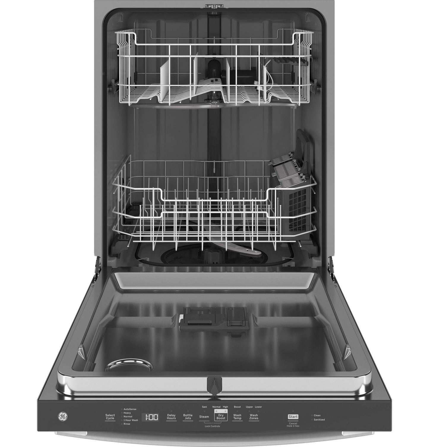 Open top control dishwasher with stainless steel interior and adjustable racks in kitchen appliances collection