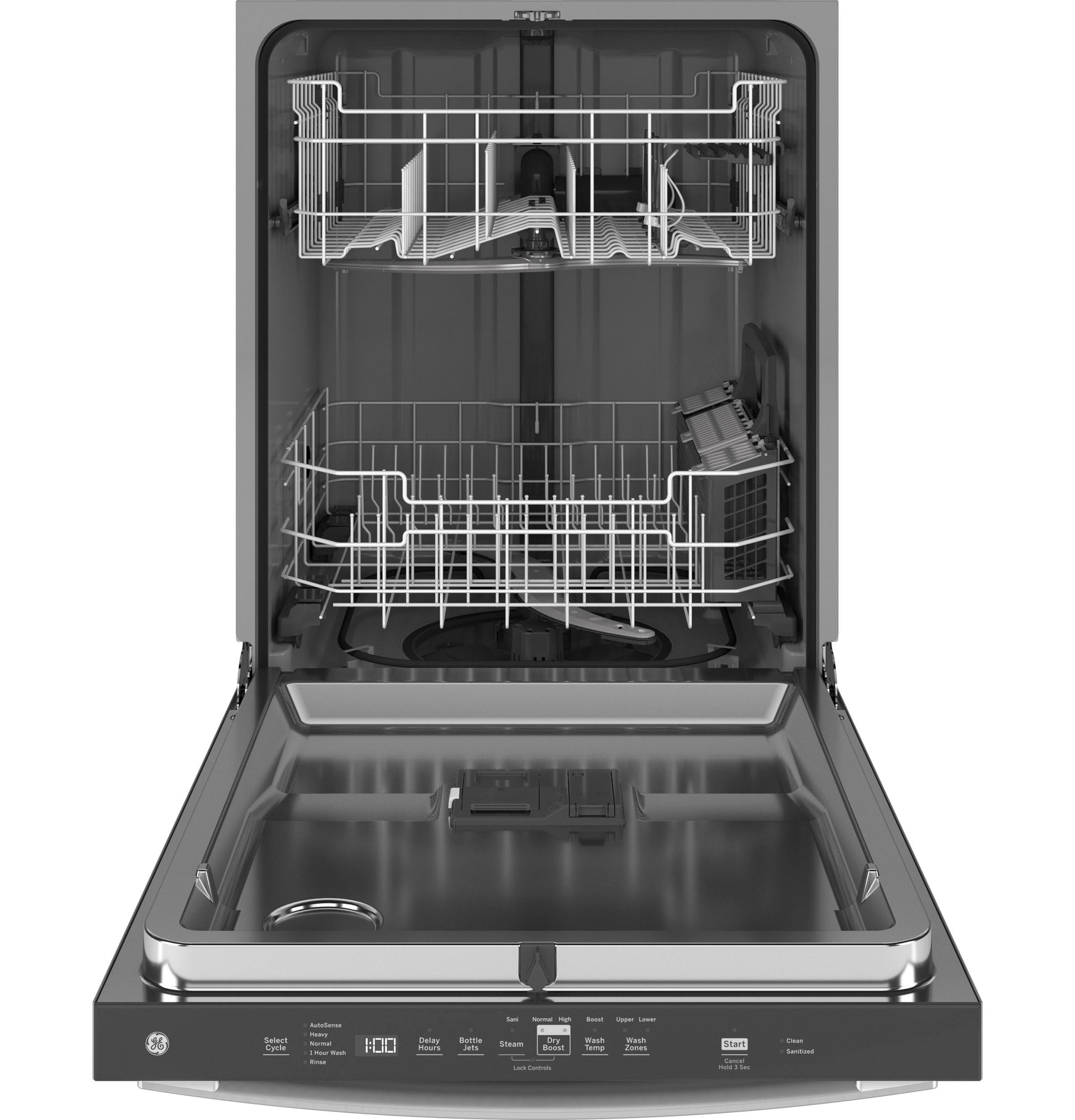 Open top control dishwasher with stainless steel interior and adjustable racks in kitchen appliances collection