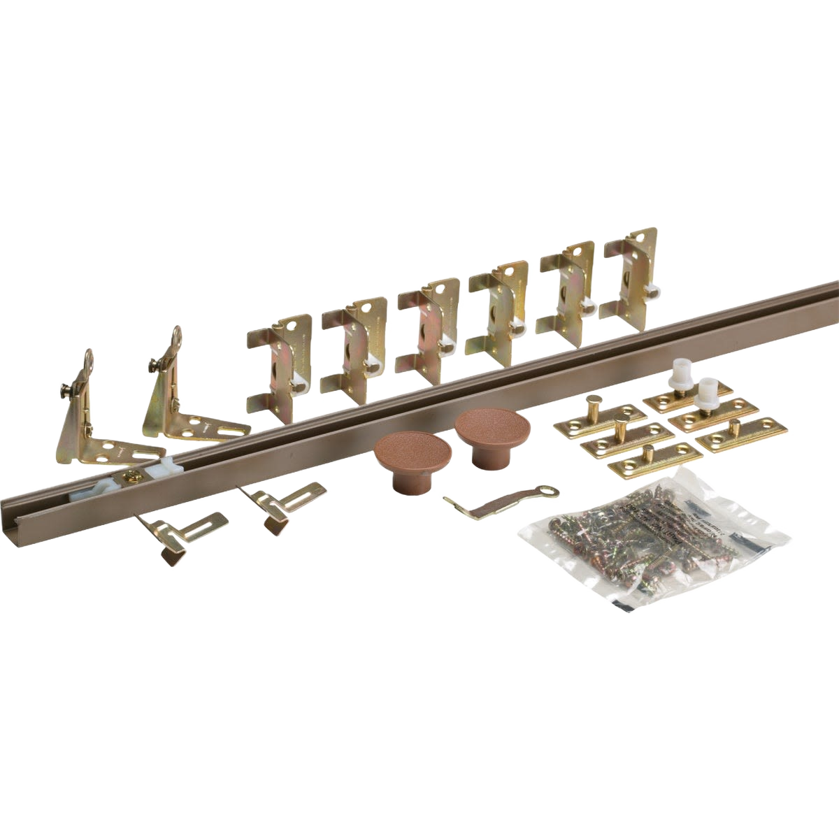 Brass-finished folding door hardware kit with hangers, handles, and mounting screws for home improvement projects