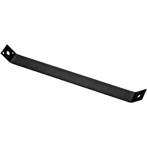 Black metal strap brace with angled ends and mounting holes for structural support in building hardware projects