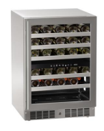 Stainless steel 24 inch dual-zone wine refrigerator with glass door and adjustable shelving in kitchen appliances collection