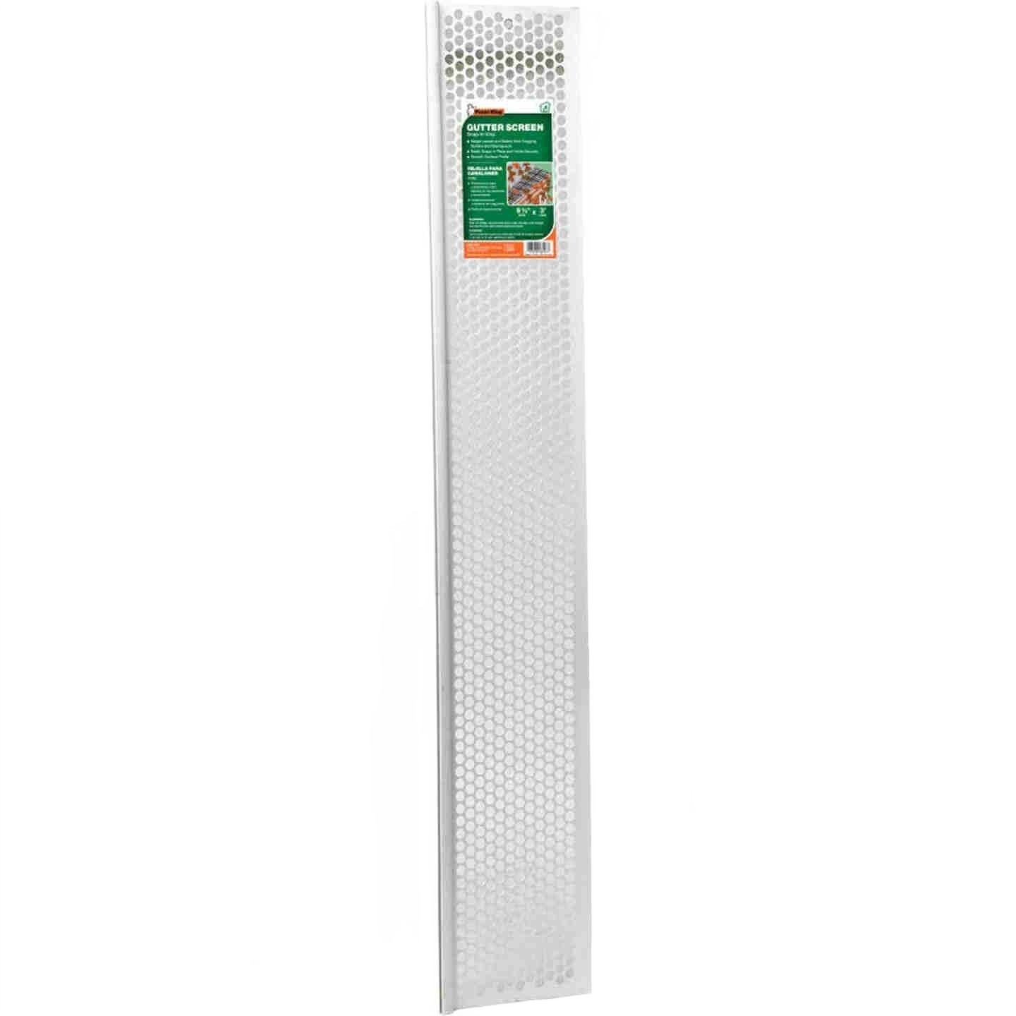 White vinyl snap-in gutter screen with perforated design for debris protection in home improvement projects