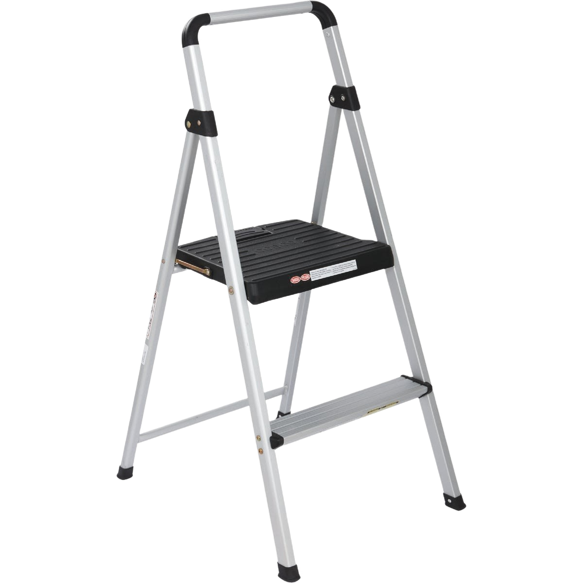 Lightweight two-step folding stool with silver frame and black non-slip steps for home improvement use