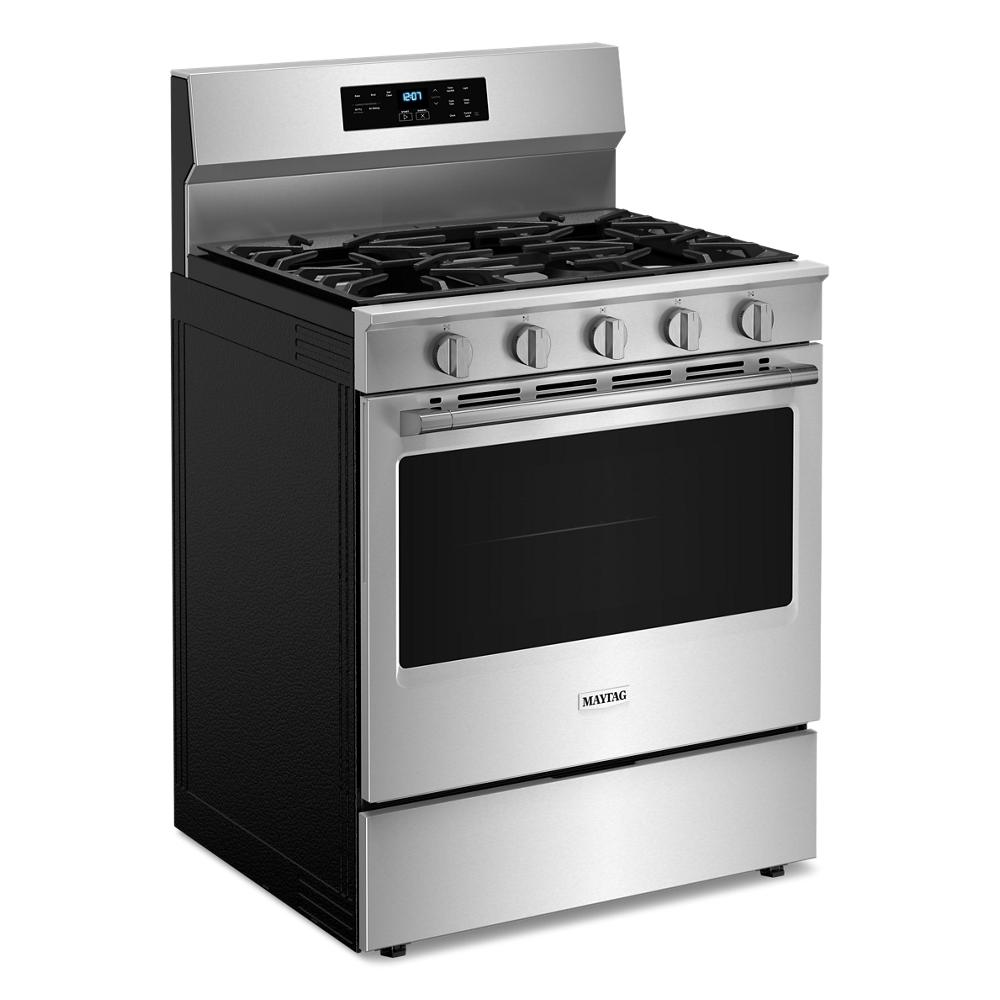 30-inch stainless steel gas range with five burners and digital controls for kitchen appliances and home improvement