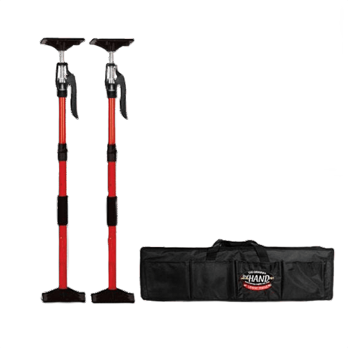 Pair of red adjustable support tools with black grips and a black carrying bag for home improvement projects