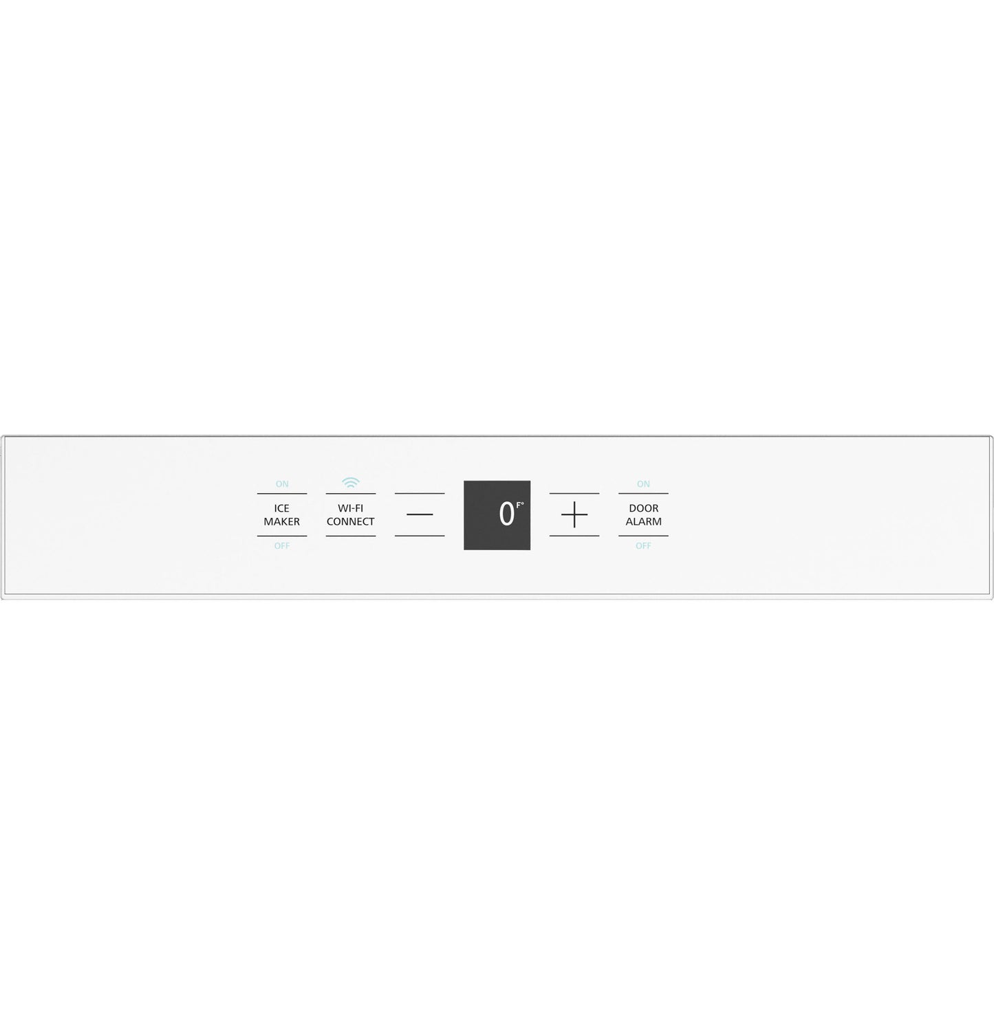 Digital control panel with temperature display and icons for ice maker, Wi-Fi, and door alarm in kitchen appliances collection