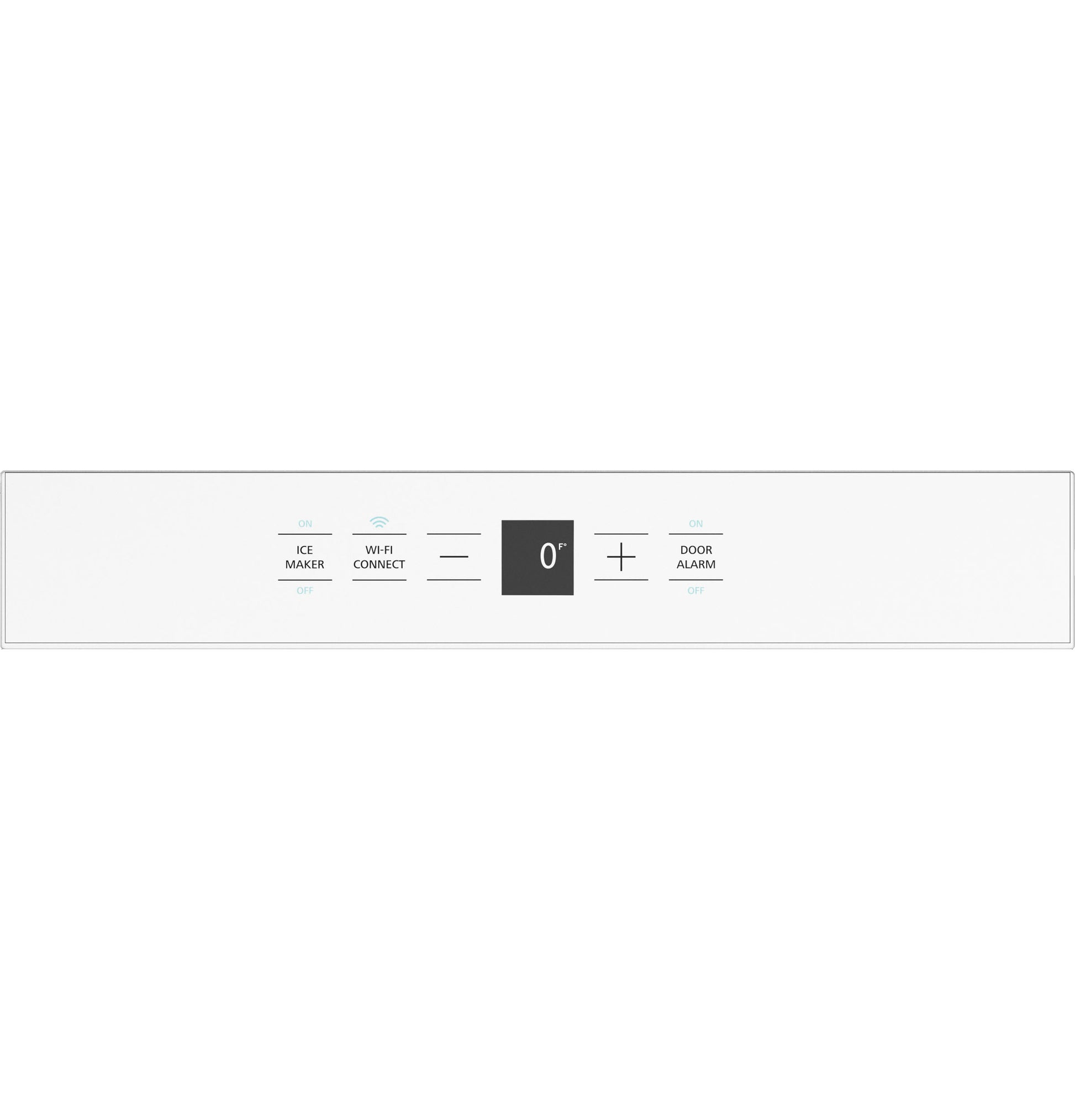 Digital control panel with temperature display and icons for ice maker, Wi-Fi, and door alarm in kitchen appliances collection