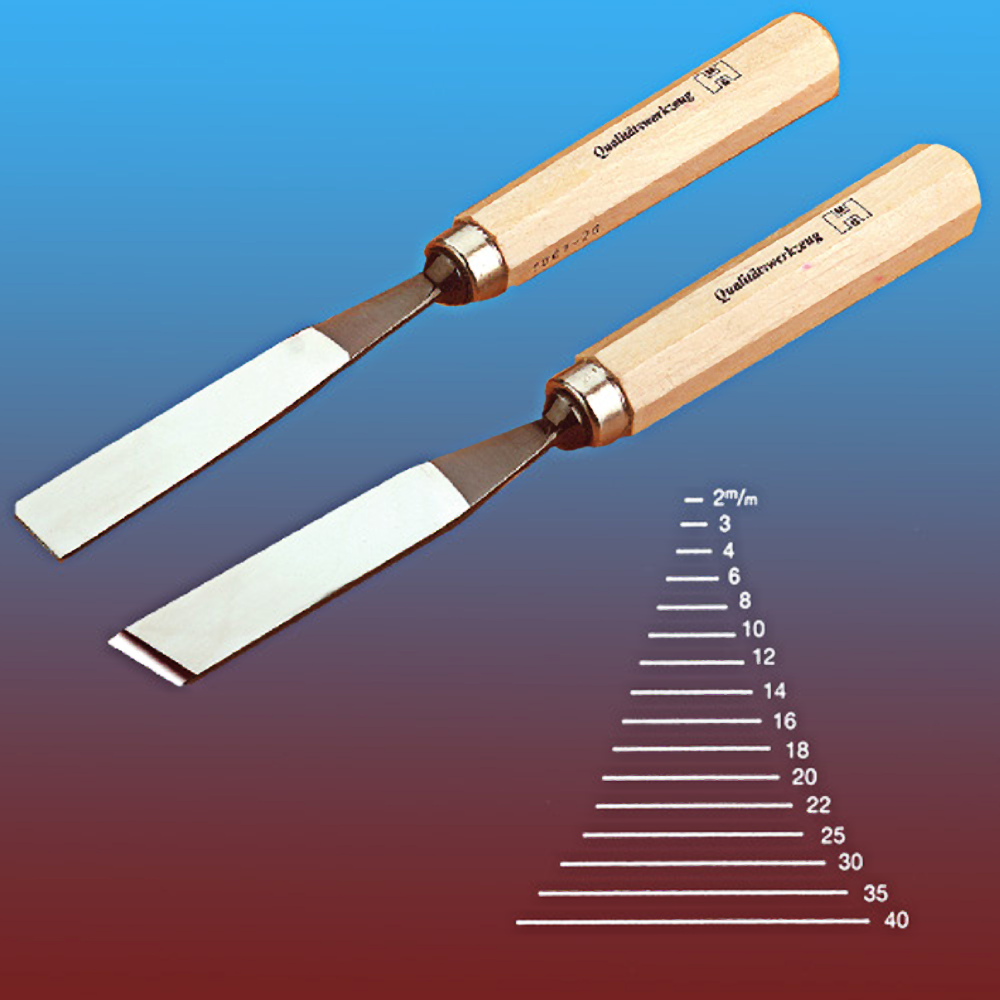 Two skew chisels with wooden handles and polished steel blades for precise woodworking and carving tasks under $50