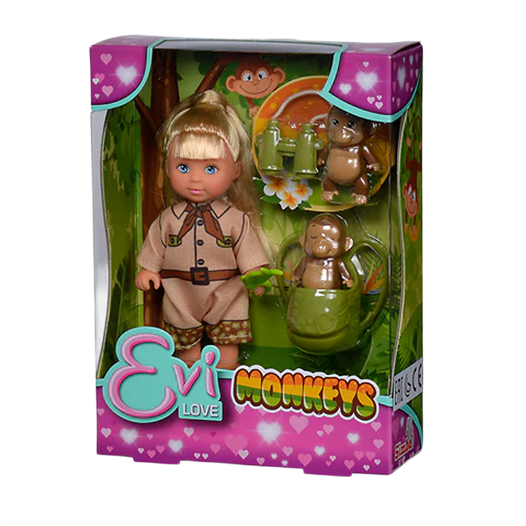 6-inch doll wearing safari outfit with two small monkey figures in green-themed playset packaging