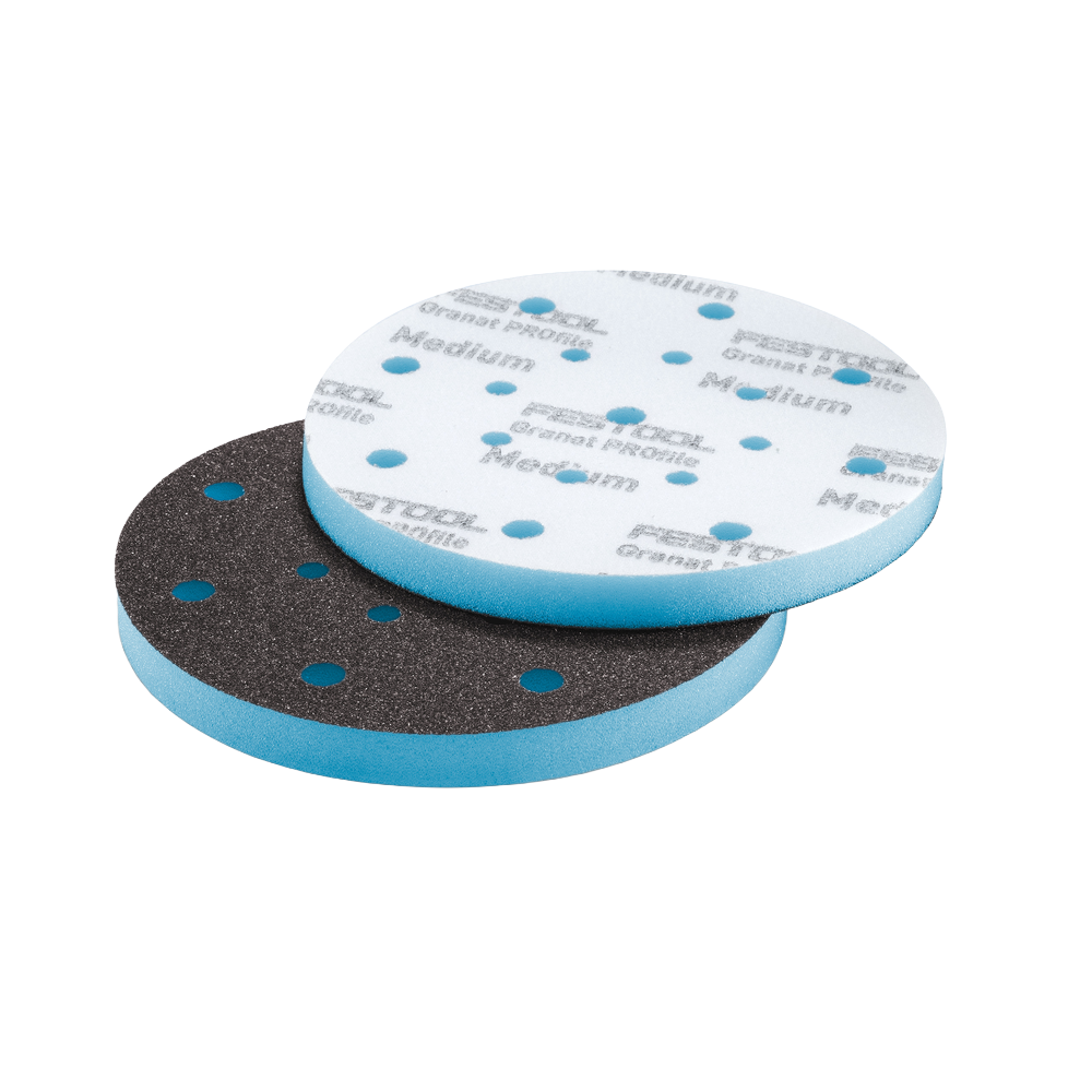 Round foam-backed abrasive discs for power tool accessories in home improvement with precision surface preparation features