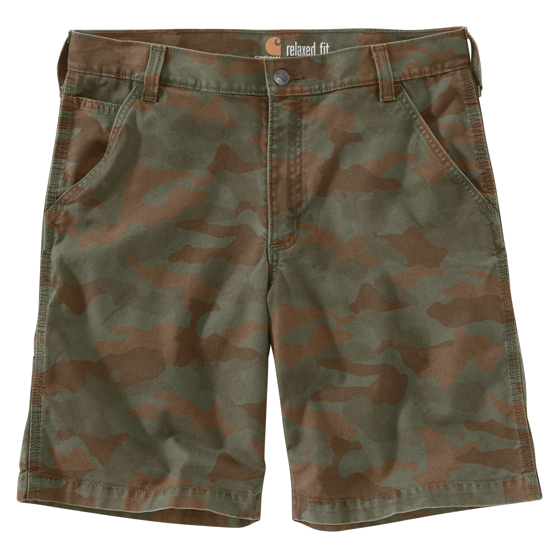 Men's relaxed fit 10-inch camouflage shorts made of durable cotton-spandex canvas with Rugged Flex stretch technology