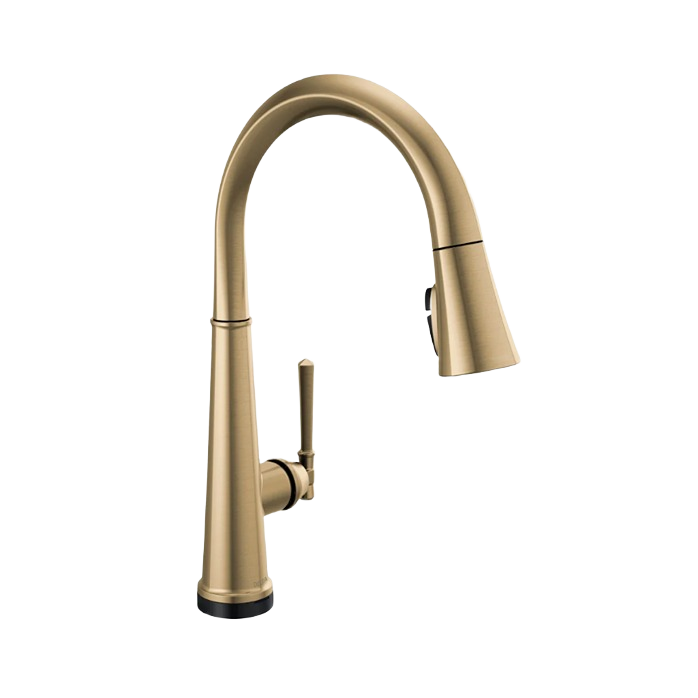 Champagne bronze kitchen faucet with single handle and pull-down spray designed for home improvement use