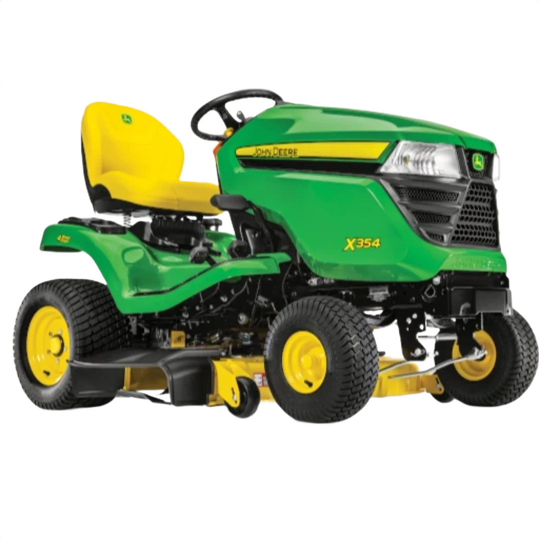 Green and yellow lawn tractor with comfortable seat and 42-inch Accel Deep Deck for outdoor power equipment and lawn care