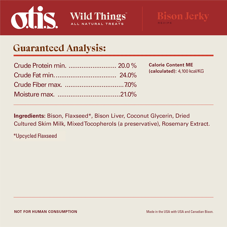 Nutrition label showing guaranteed analysis and ingredients of bison jerky dog treats in pet and farm collections under $50