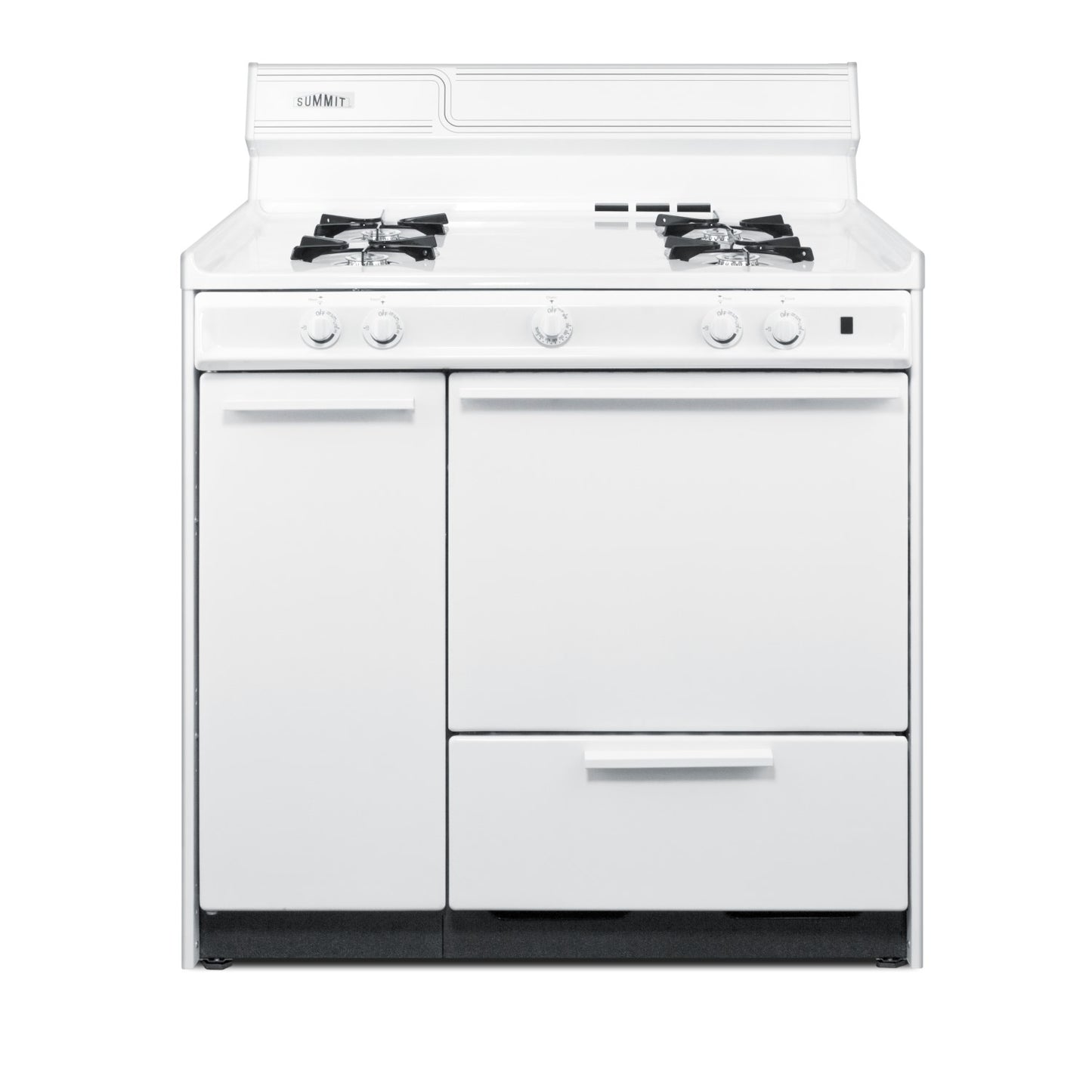 White four-burner gas stove with oven and storage drawer designed for home improvement kitchens