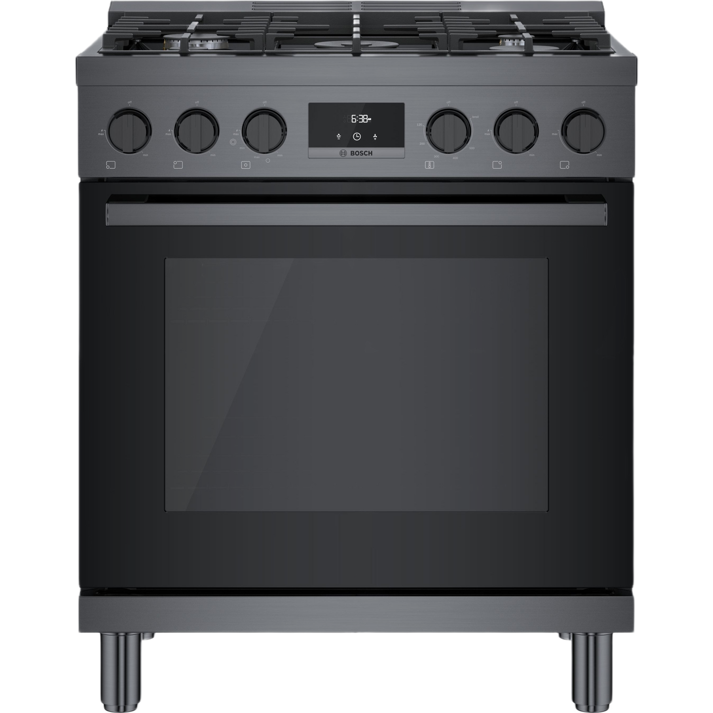 30-inch black stainless steel freestanding gas range with five burners and digital control panel in ranges collection