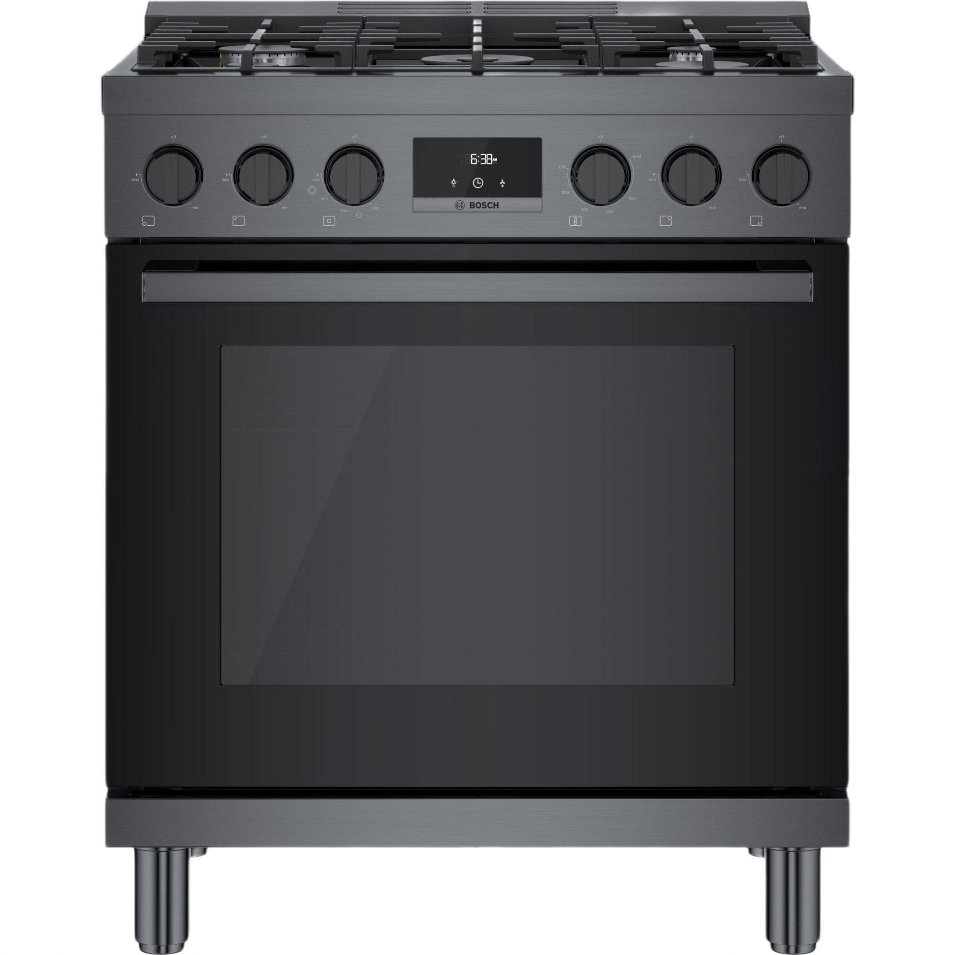 30-inch black stainless steel freestanding gas range with five burners and digital control panel in ranges collection