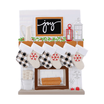 Cozy fireplace mantel ornament with six buffalo plaid and snowflake stockings, festive Christmas decoration under $50 collection