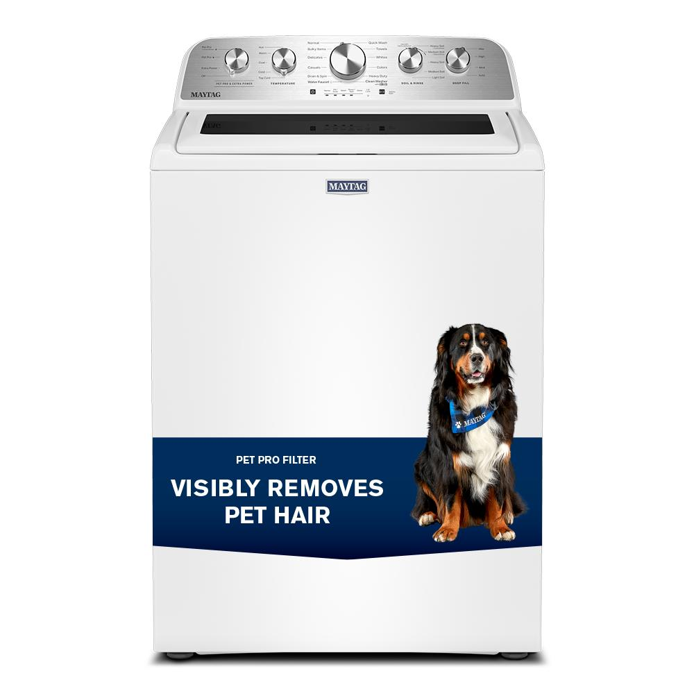 White top load impeller washer with control knobs and Pet Pro filter graphic for removing pet hair in washers collection