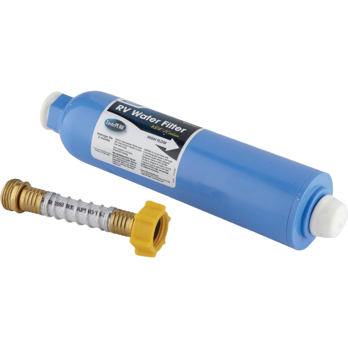 Blue cylindrical water filter for RVs with brass connectors and yellow plastic valve for home improvement use