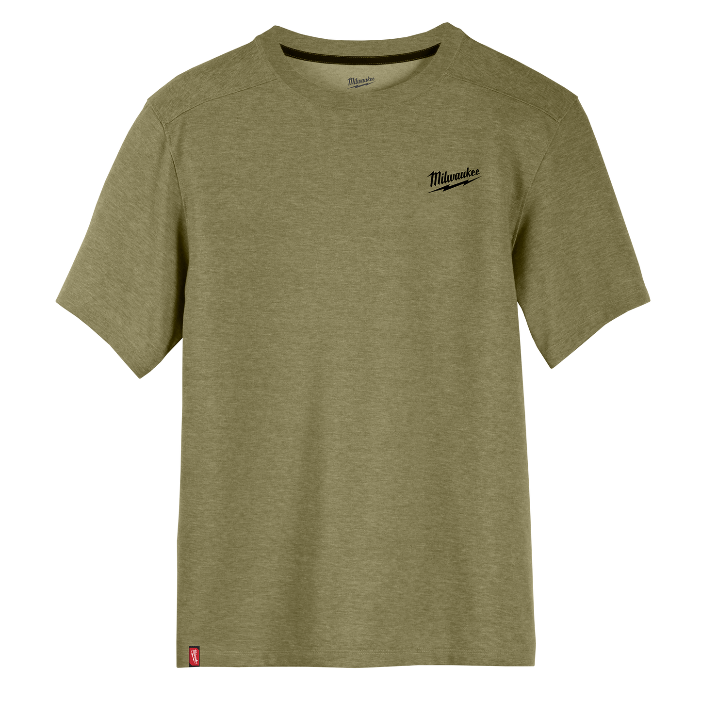 Lightweight olive green short sleeve hybrid work tee with subtle logo for Milwaukee Apparel and clothing collections under $50