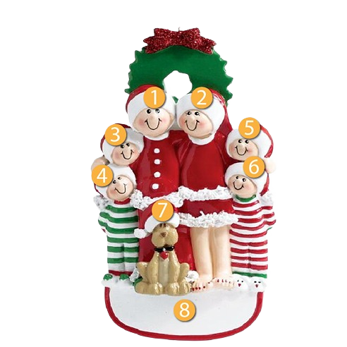 Festive family of six with dog in holiday attire under green wreath for Christmas Ornaments & Tree Decorations collection