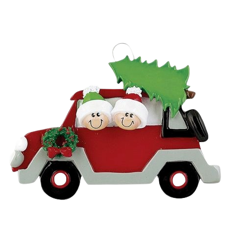 Red Christmas caravan ornament with smiling heads wearing Santa hats and a green tree tied on top under $50 collection