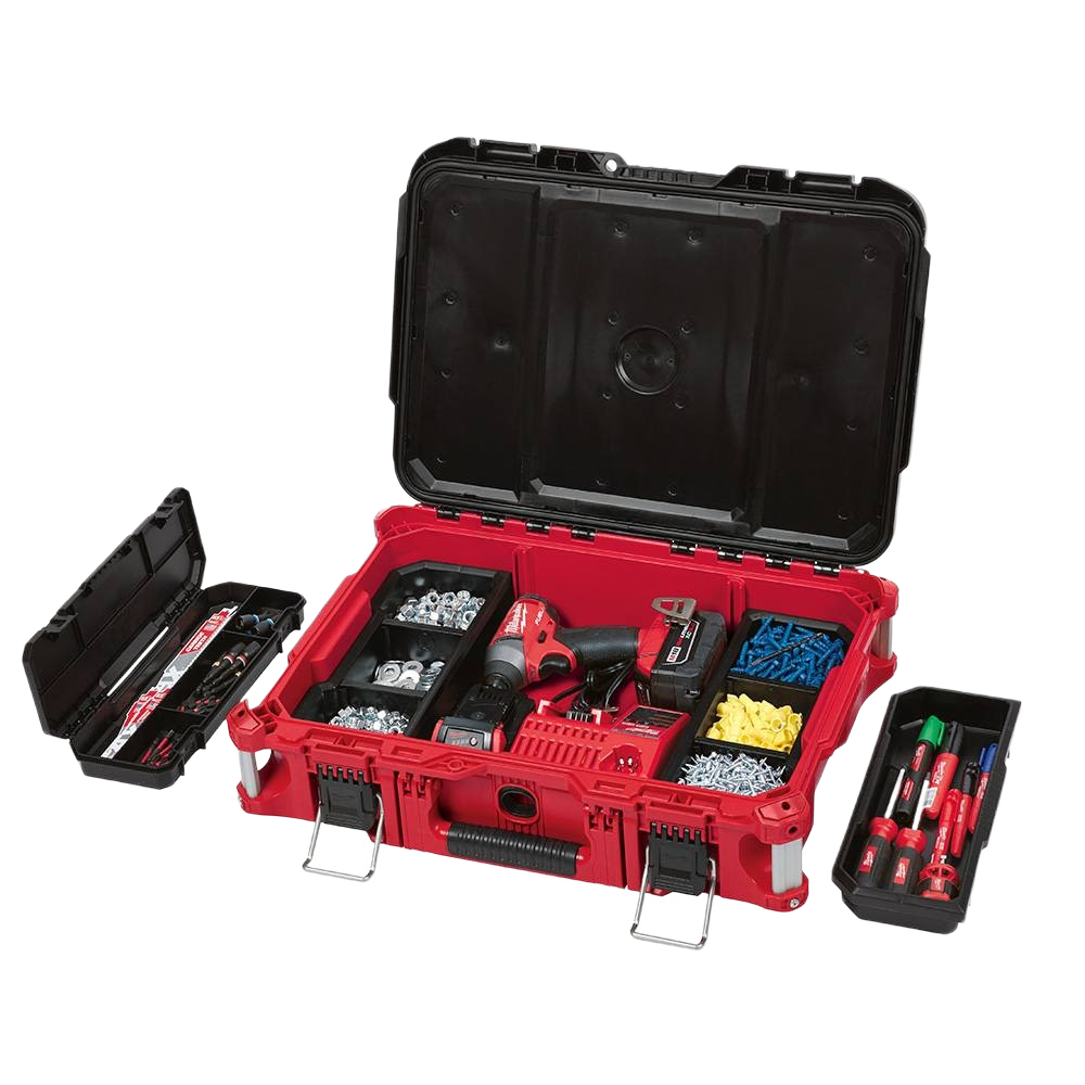 Red Milwaukee PACKOUT™ tool storage box with organized compartments holding hand tools and fasteners for home improvement.