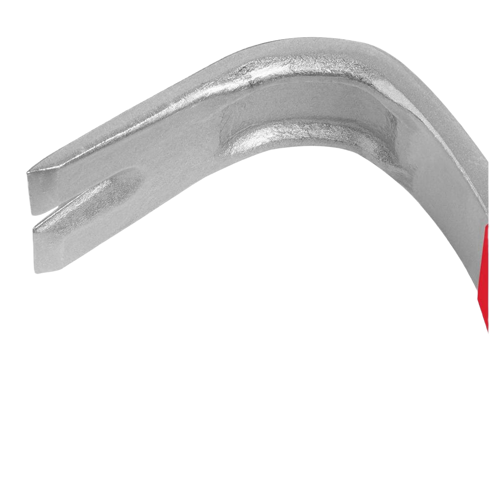 Curved steel pry bar tip with durable construction and partial red handle for home improvement and tools use