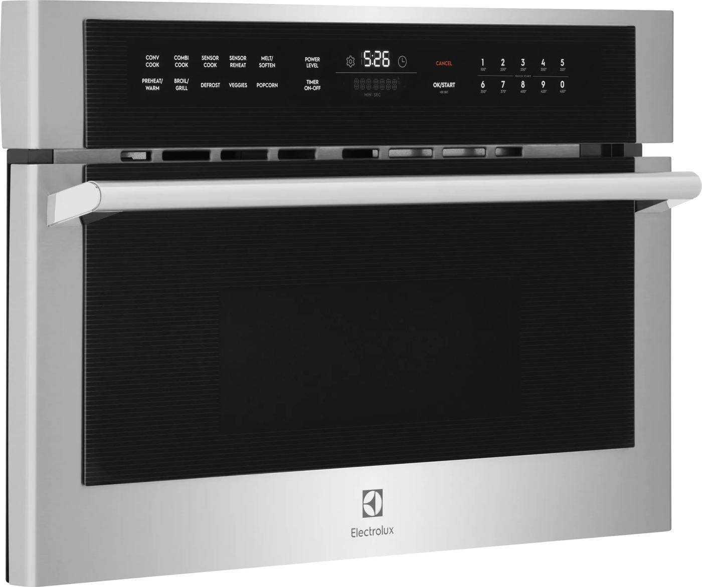 Stainless steel built-in microwave with digital glass touch controls and gunmetal chrome handle in modern kitchen setting