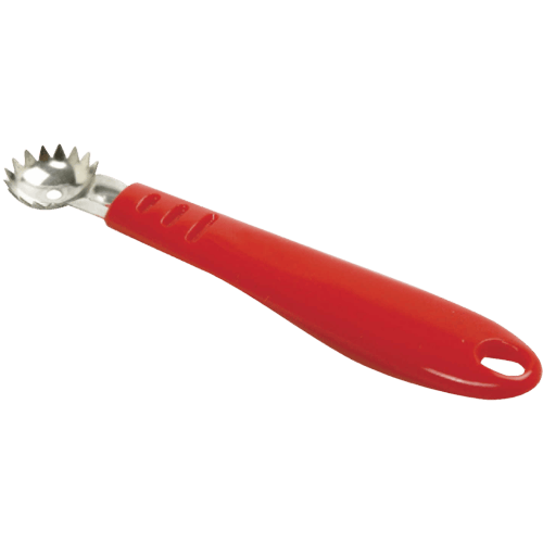 Kitchenware tool with red handle and metal coring blade for efficient tomato stem removal and strawberry hulling under $25