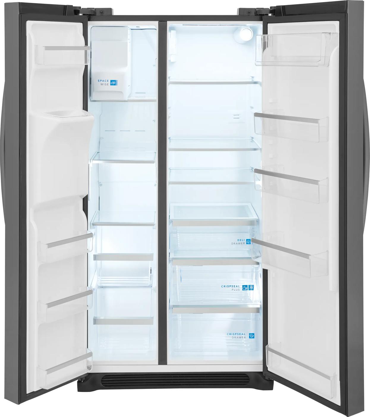 Open black counter-depth side-by-side refrigerator with spacious shelves and crisp fresh compartments from Appliances collection