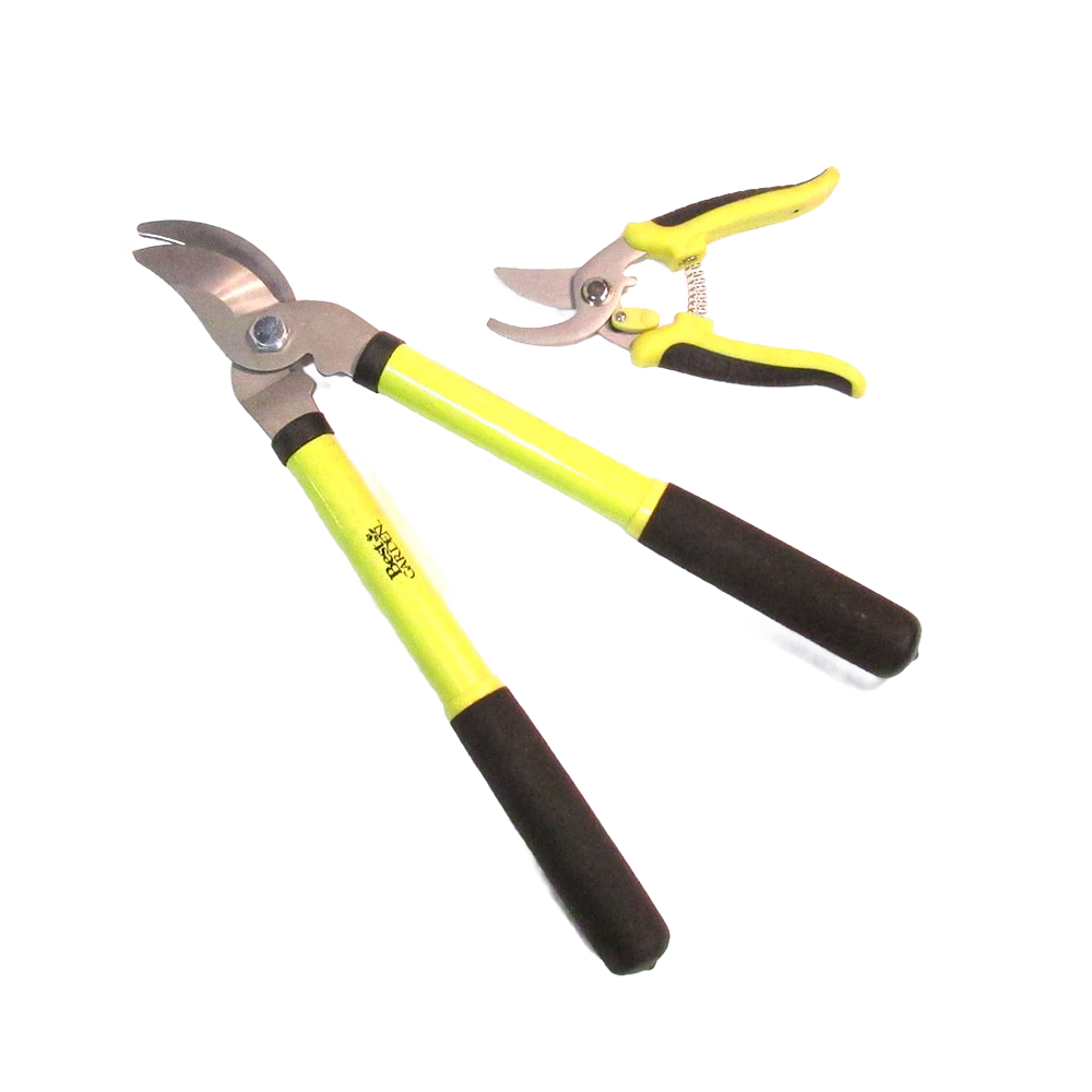 Yellow-handled garden bypass lopper and pruner with carbon steel blades in outdoor hand tools and pruning collections
