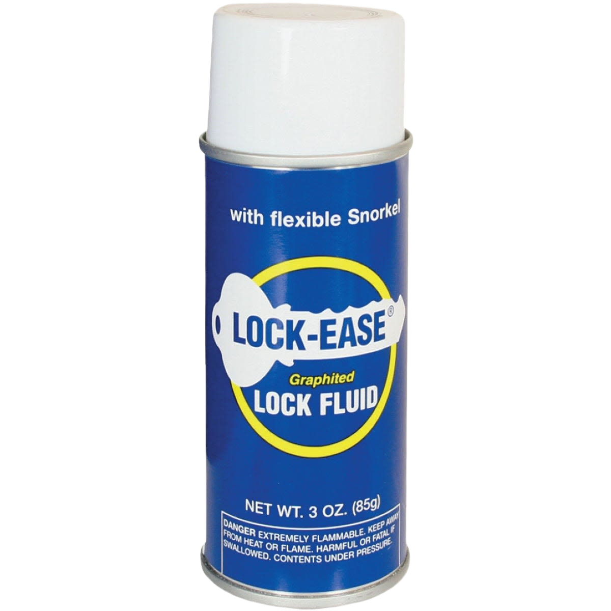 Metallic blue aerosol can of graphited lock lubricant with white cap and flexible snorkel for tools and home maintenance