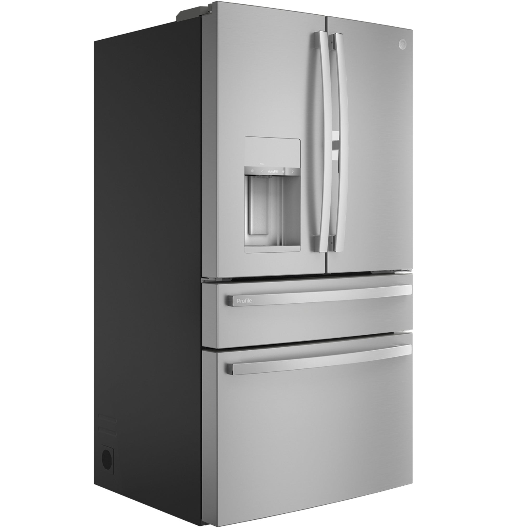 Fingerprint-resistant stainless steel 4-door French-door refrigerator with external water dispenser from kitchen appliances collection