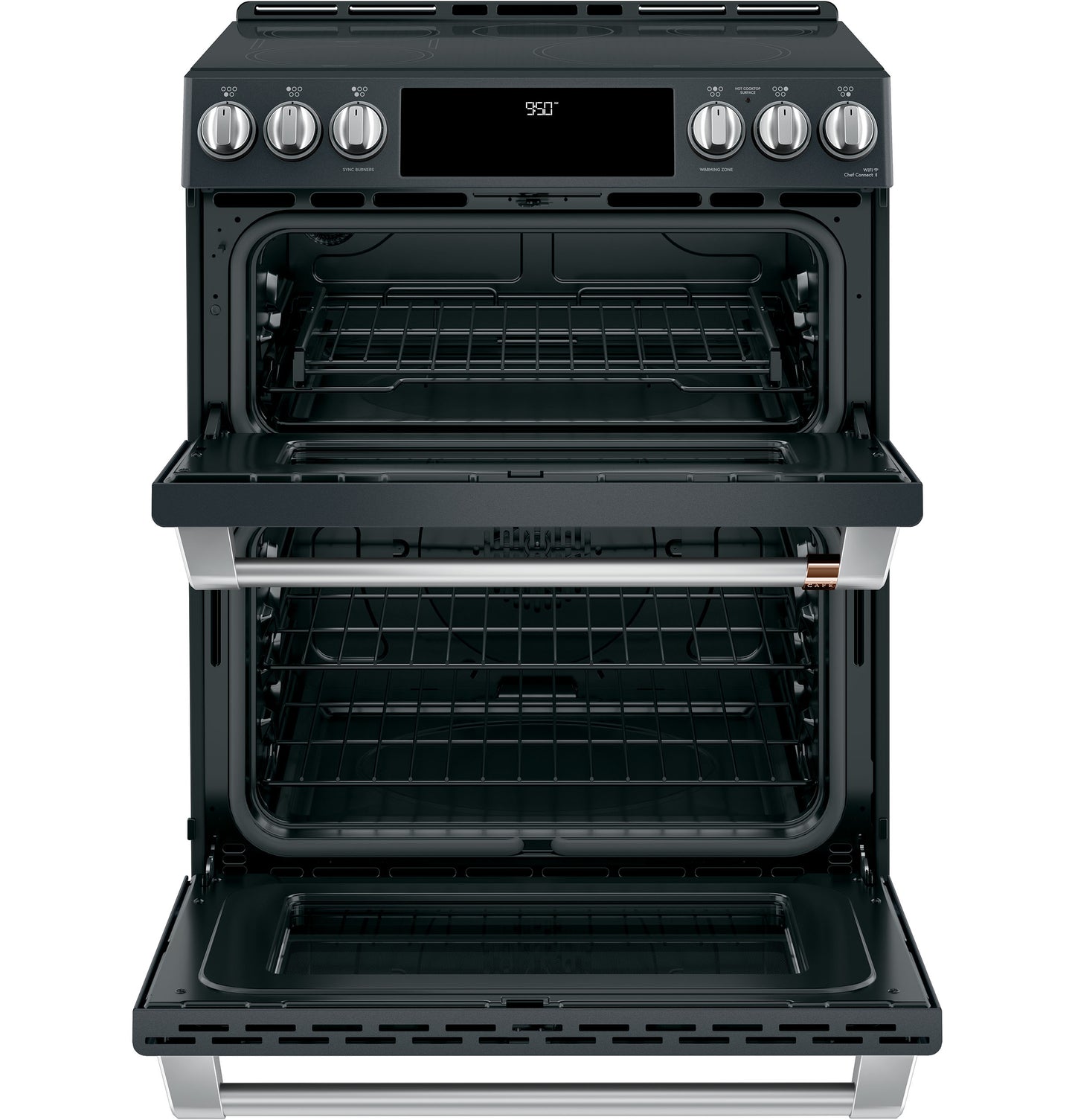 Black double-oven range with front controls and digital display, designed for kitchen and cooking appliance collections
