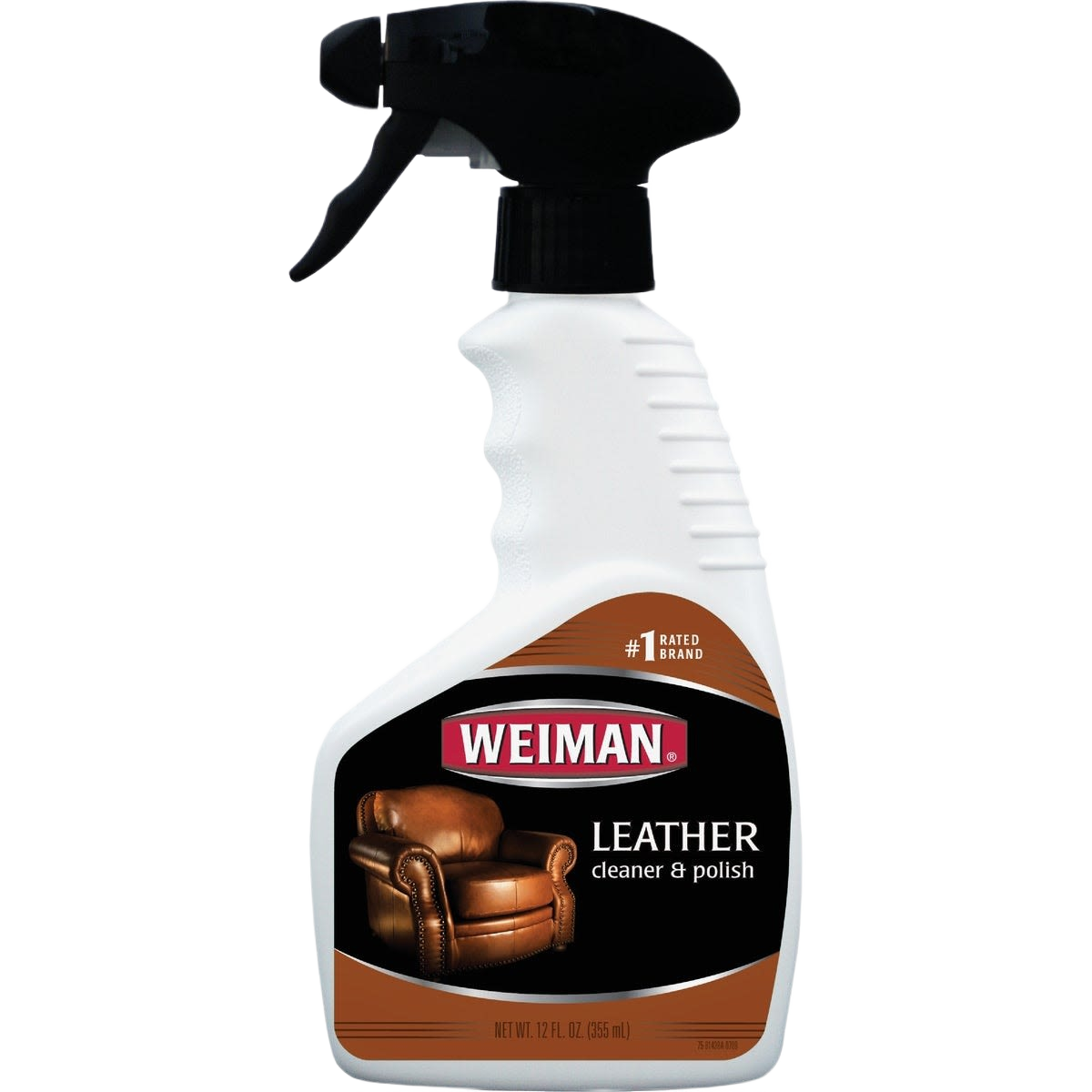 White spray bottle of Weiman leather cleaner and polish with black and brown label for home improvement tasks
