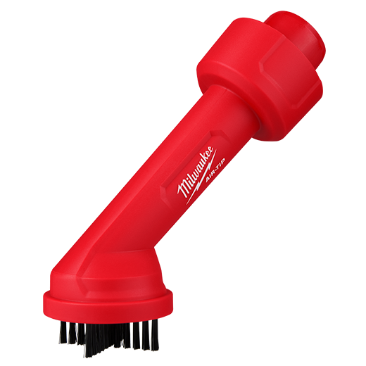 Red Milwaukee AIR-TIP tool with angled handle and black bristles for dust collection and woodworking tool use