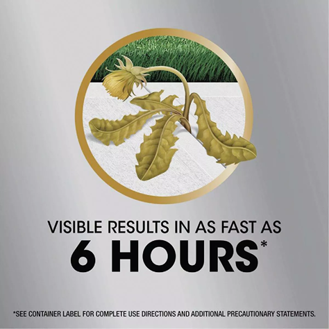 Graphic showing a dying weed with text highlighting visible weed control results in as fast as six hours for lawn care products