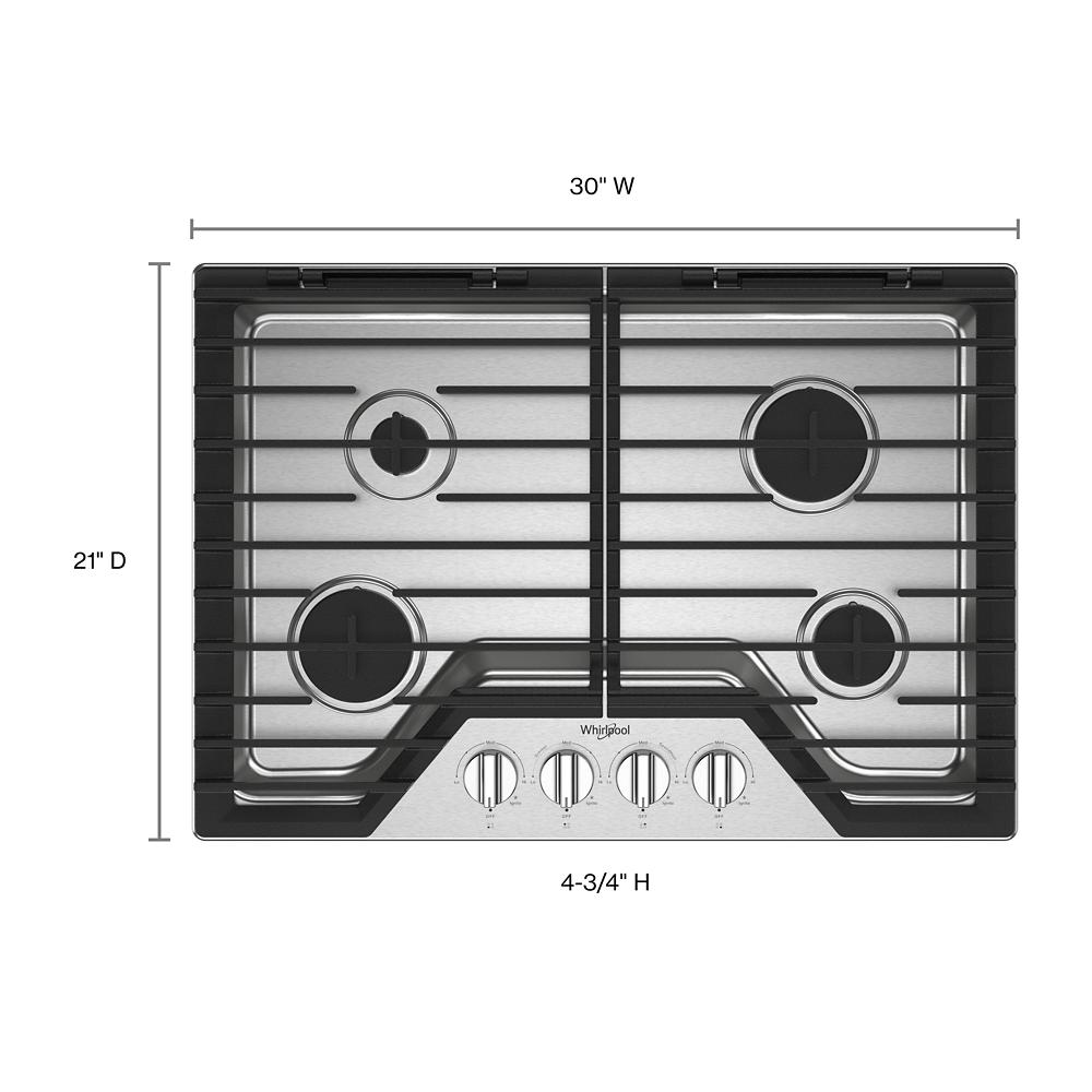 Stainless steel 30-inch gas cooktop with four burners, front controls, and black cast-iron grates from kitchen appliances collection