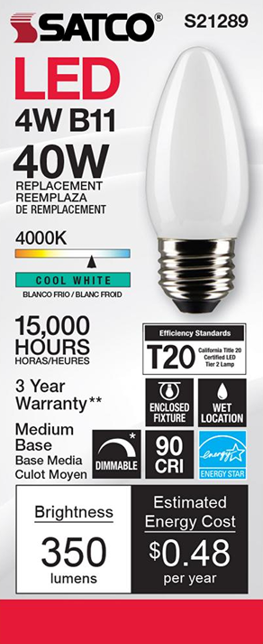 Satco 4 watt B11 LED light bulb with frosted cool white glow, dimmable medium base, under $50 lighting collection