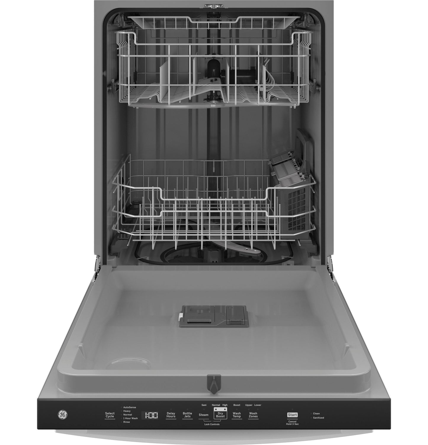 Open GE dishwasher with plastic interior and two adjustable racks in Appliances and Kitchen & Kitchenware collections
