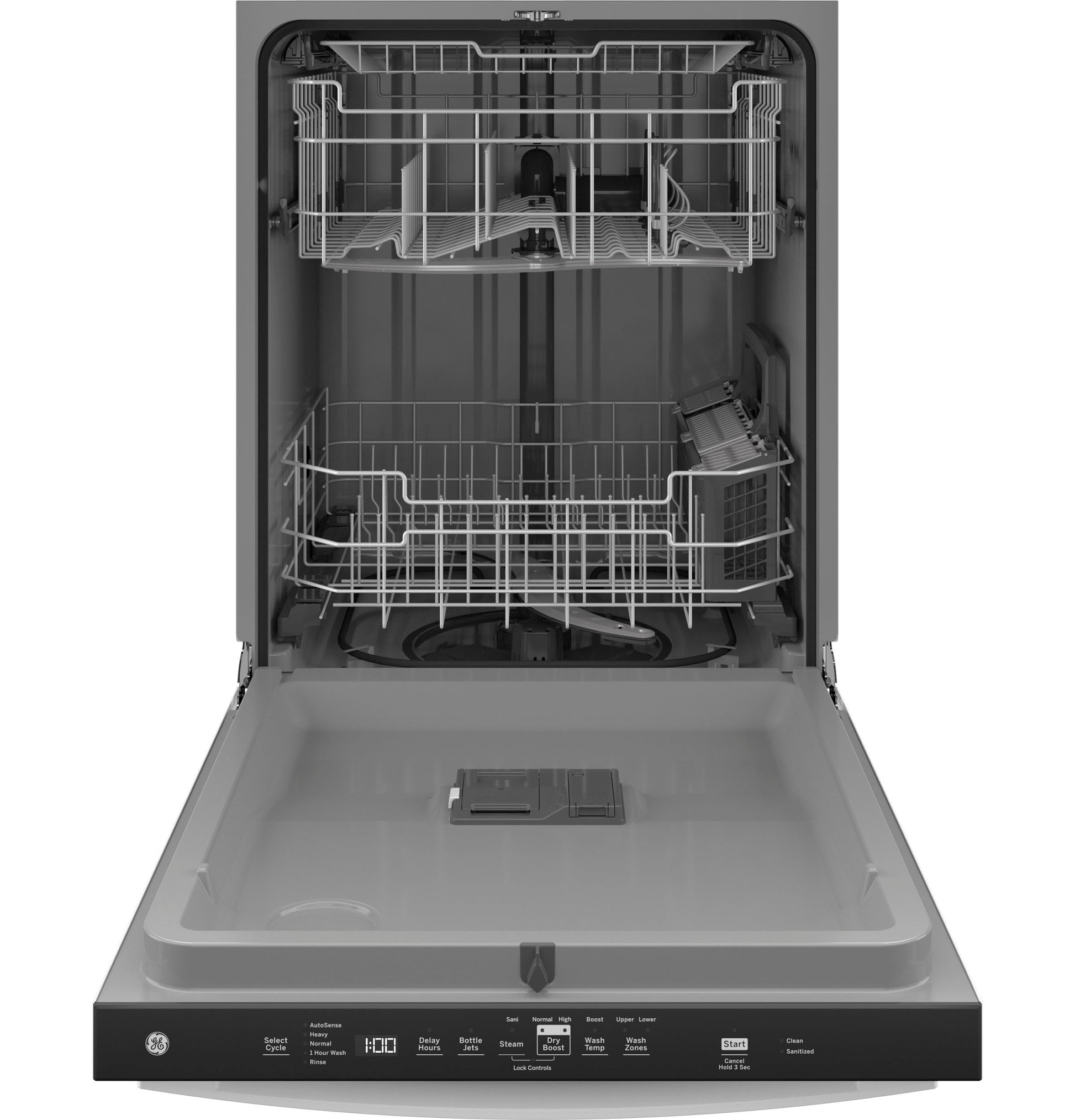 Open GE dishwasher with plastic interior and two adjustable racks in Appliances and Kitchen & Kitchenware collections
