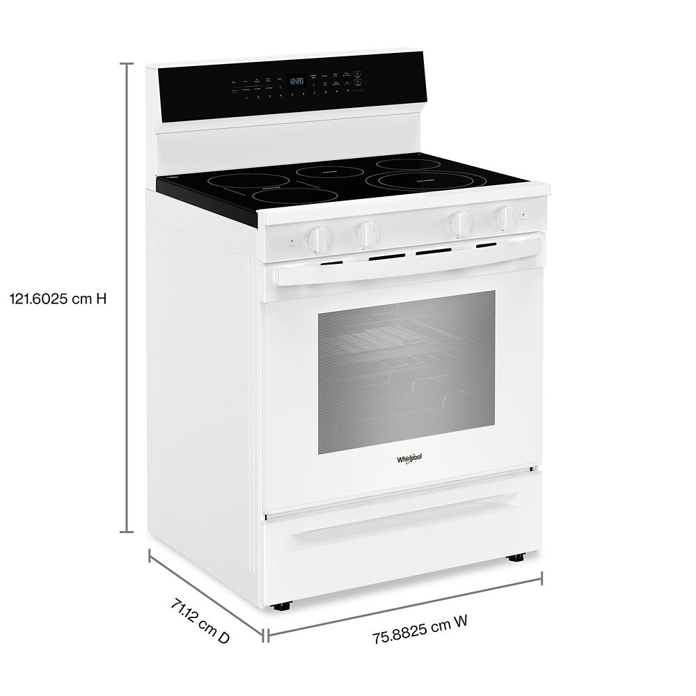 white 30-inch electric range with glass cooktop and digital control panel in kitchen appliances collection