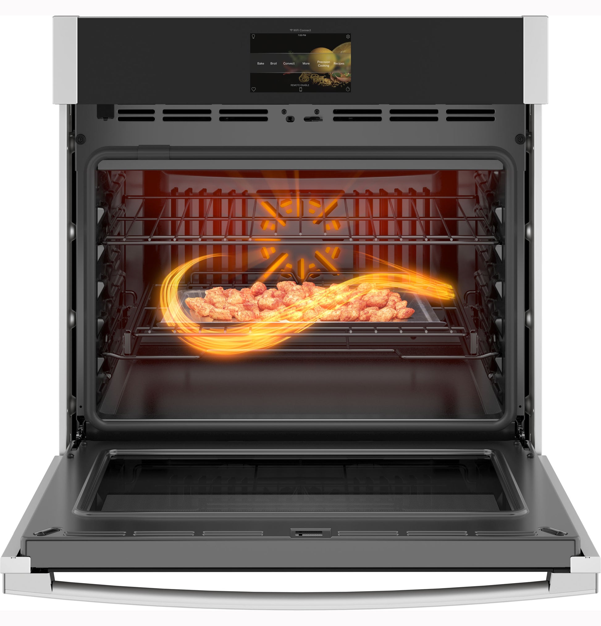 Open stainless steel built-in wall oven with food cooking on tray and digital control panel above door
