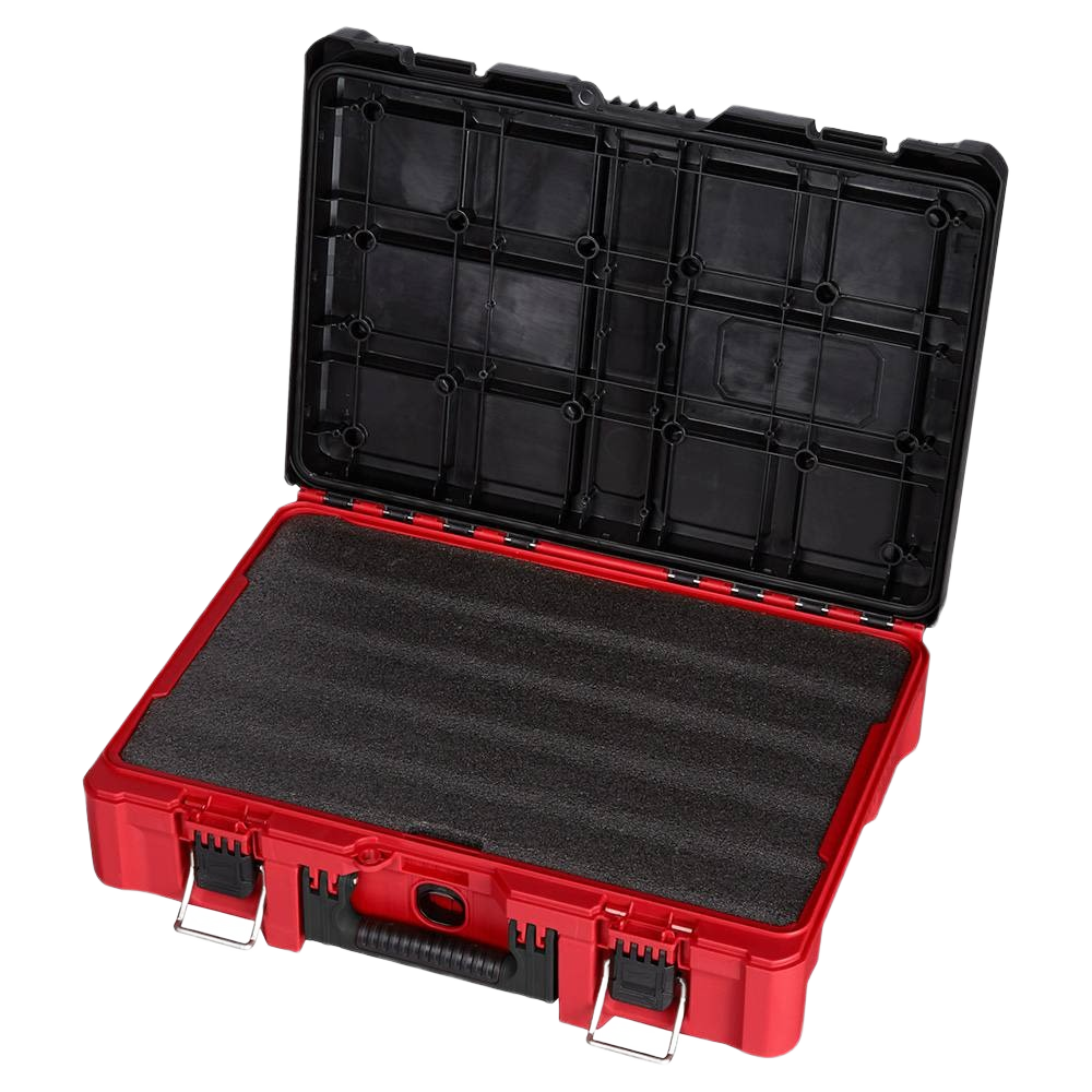 Red and black Milwaukee PACKOUT™ tool case with foam insert for customizable tool and workshop storage organization