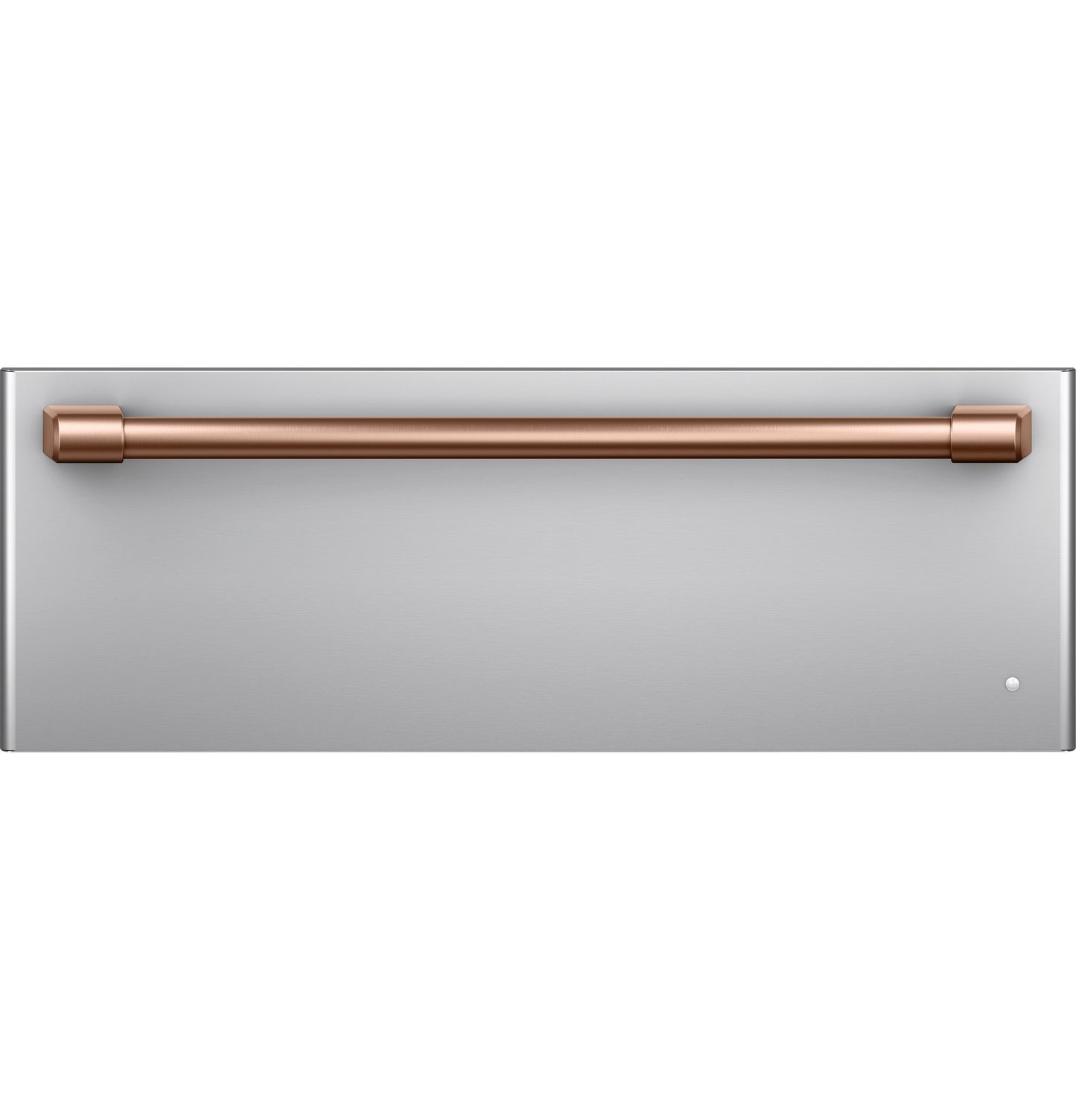 Built-in warming drawer with stainless steel front and copper-toned handle for kitchen and wall oven appliance use