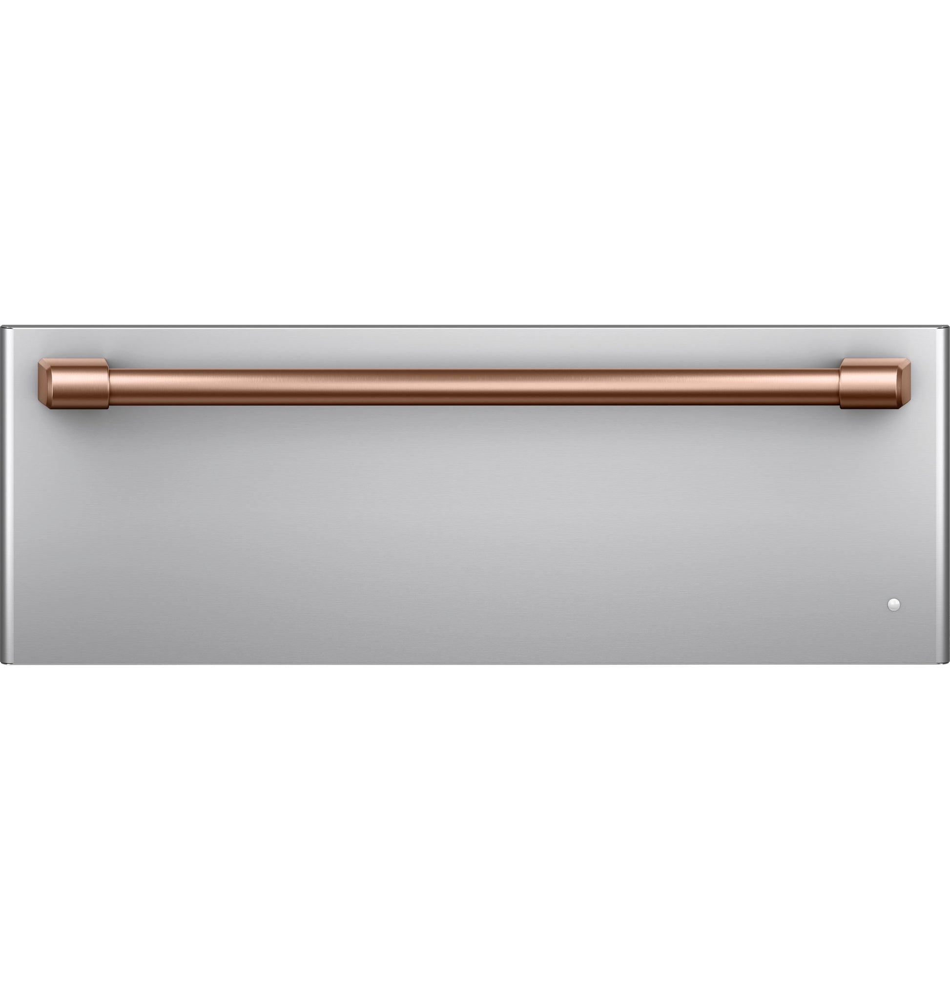Built-in warming drawer with stainless steel front and copper-toned handle for kitchen and wall oven appliance use