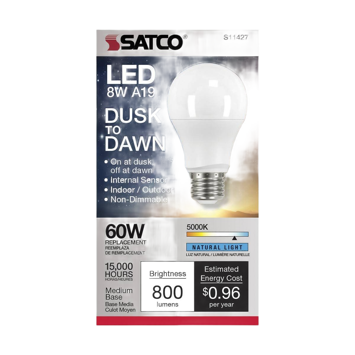 Satco 8 watt A19 LED dusk-to-dawn bulb with sensor, 800 lumens, 5000K natural light for indoor/outdoor use